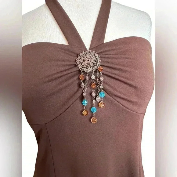 Vintage Y2K brown halter asymmetrical Bisou Bisou Size 12 dress beaded size 12 - Picture 3 of 7